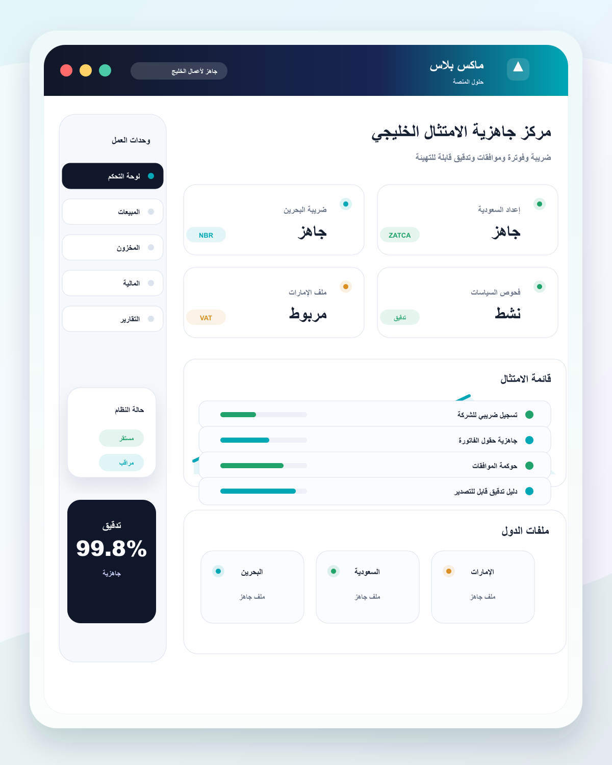 معاينة مرئية لمركز جاهزية الامتثال الخليجي في Max Plus