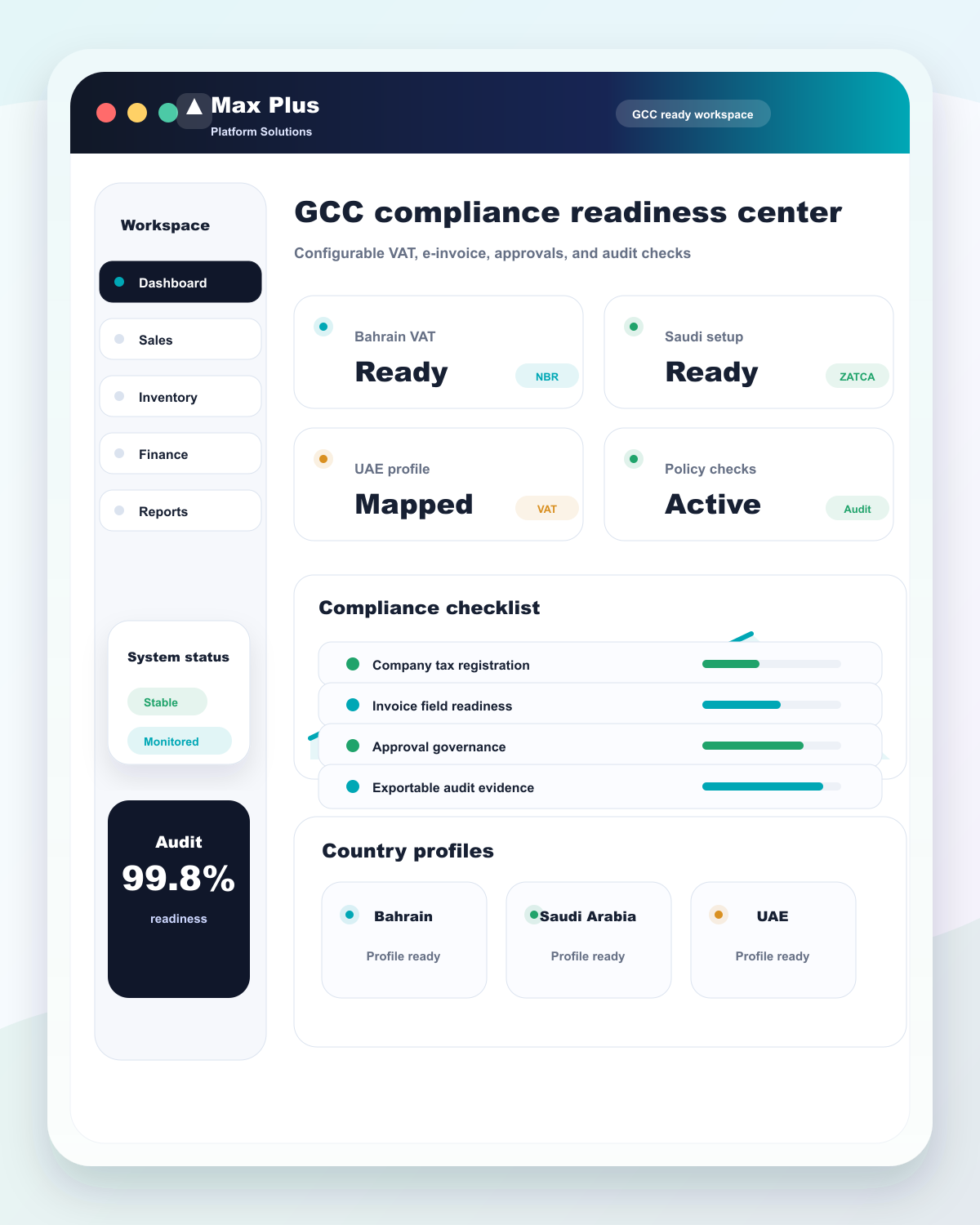 Visual preview of the Max Plus GCC compliance readiness center
